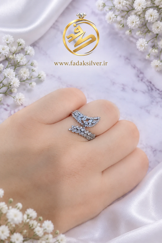 انگشتر نقره زنانه طرح برگ و شاخه مارپیچ